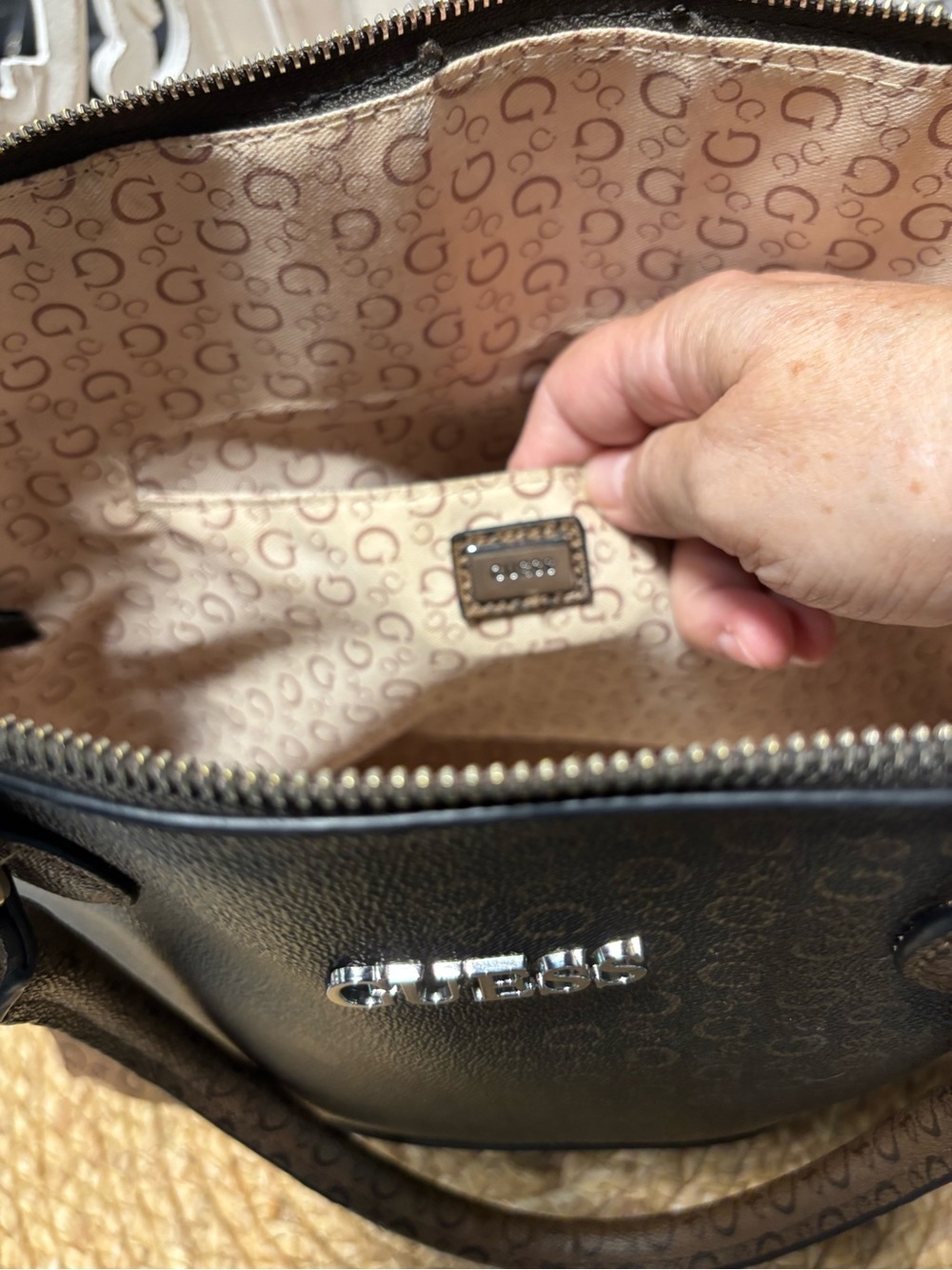 GUESS Brown Two-Tone Logo Satchel - Picture 14 of 14